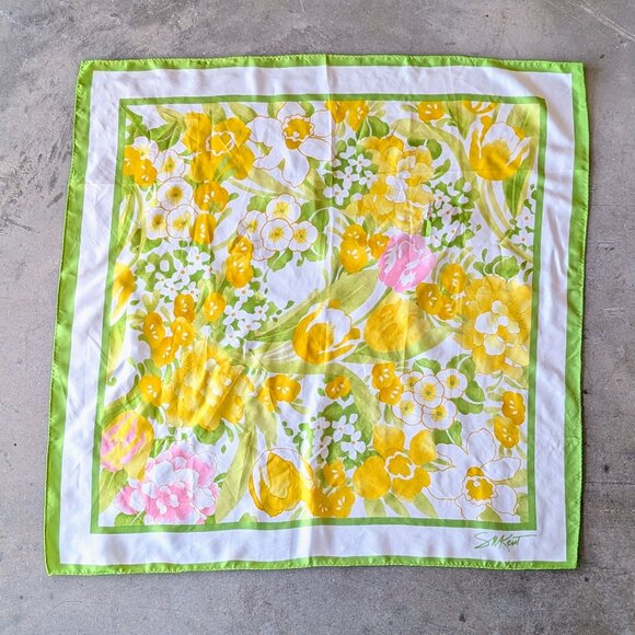 Vintage Avon Yellow Green Pink Oversized Square Scarf - Picture 2 of 9